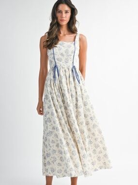 Floral Print Square Neck Contrast Pipinig Dress